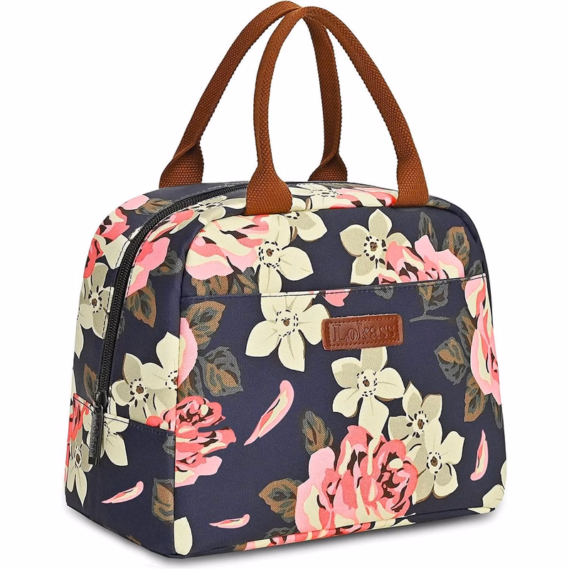 Flower Thermal Insulated Lunch Bag Wide-Open Lunch Tote Bag Large Drinks Holder Durable Nylon