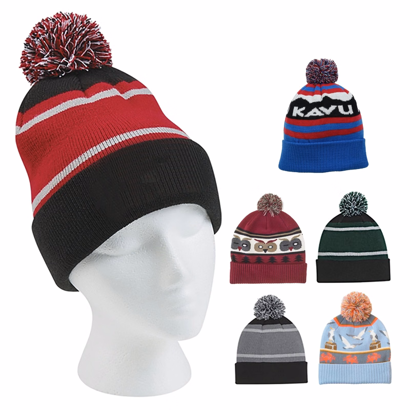Knit Beanie With Stripe And Pom