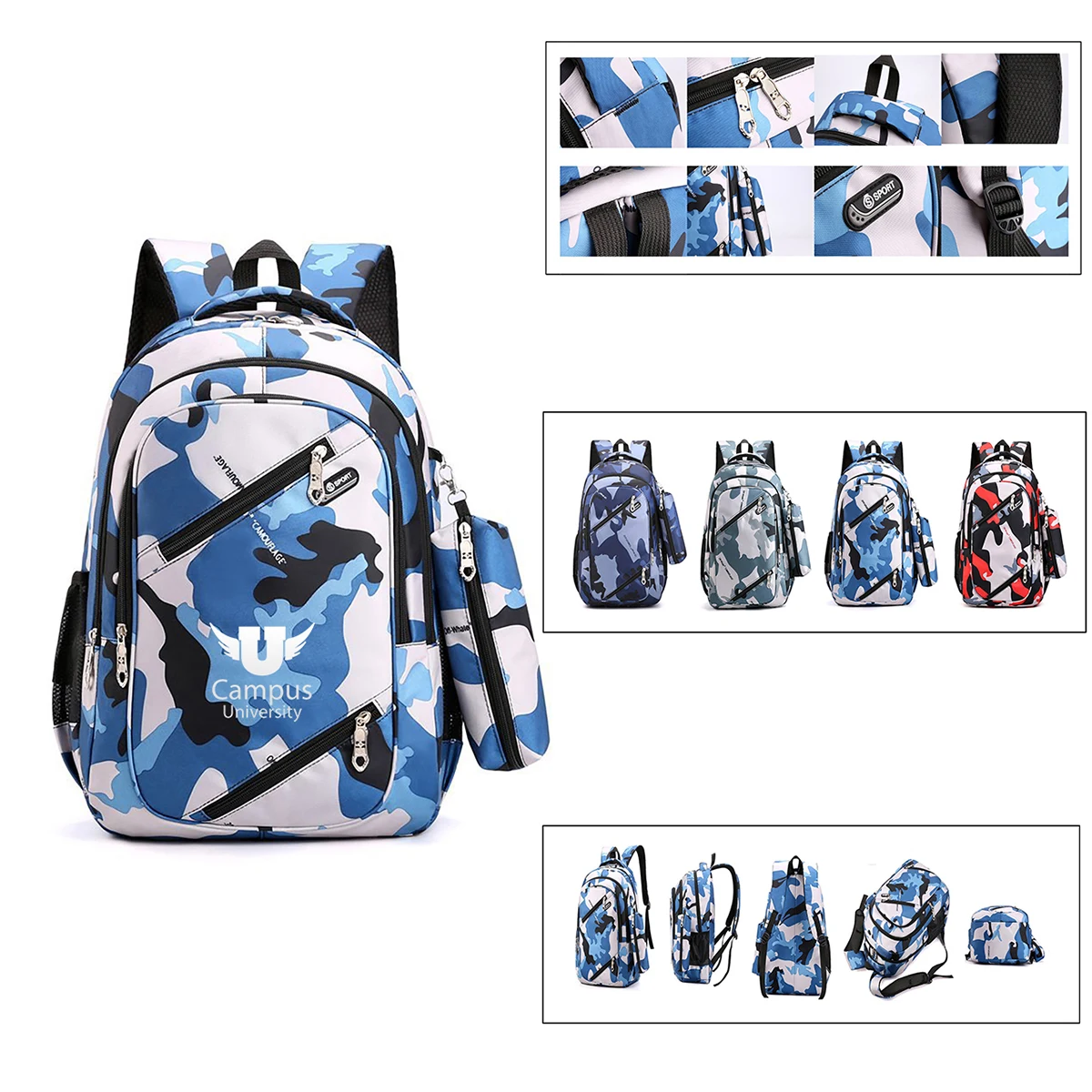 Unisex Student Camo Backpack with Pen Pouch 1