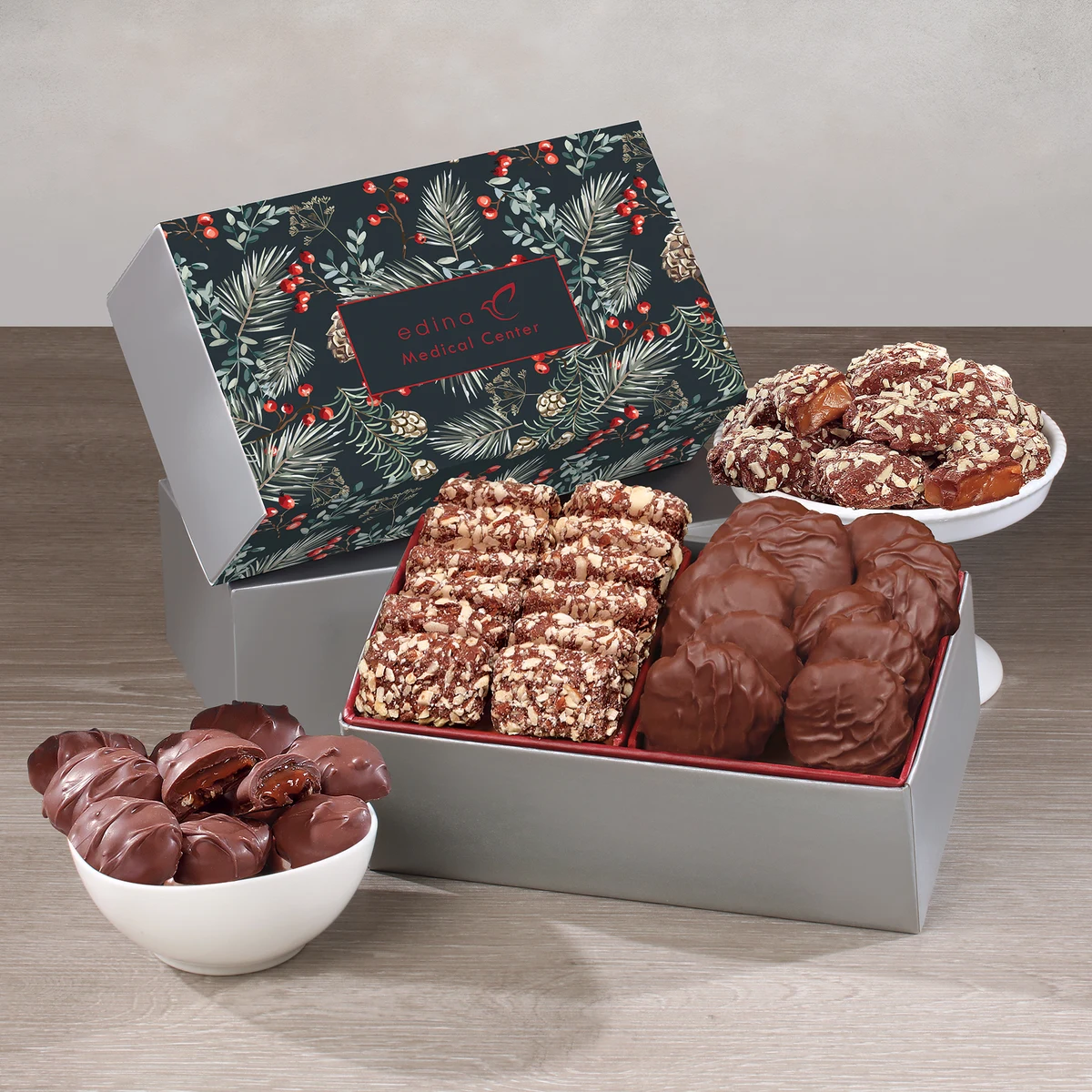 Toffee & Pecan Clusters in Gift Box with Pine Boughs & Berries Sleeve 1