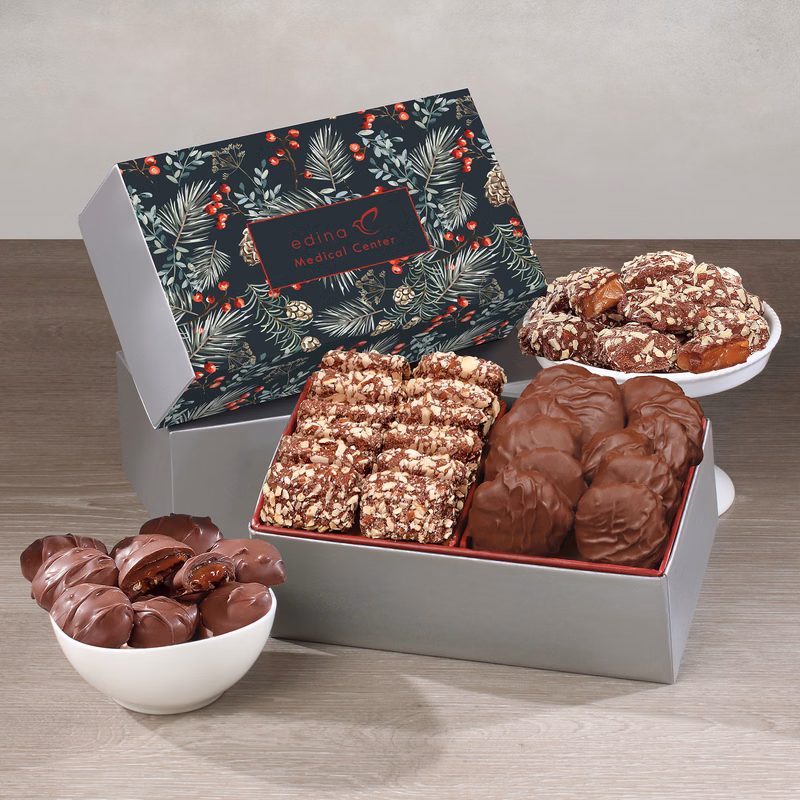 Toffee & Pecan Clusters in Gift Box with Pine Boughs & Berries Sleeve