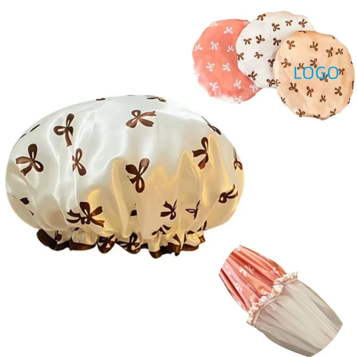 Double-layer Shower Cap Waterproof Bow Pattern 1