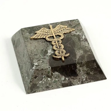 Solid Green Marble Paperweight with Brass Medical Symbol 1