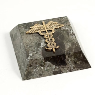 Solid Green Marble Paperweight with Brass Medical Symbol