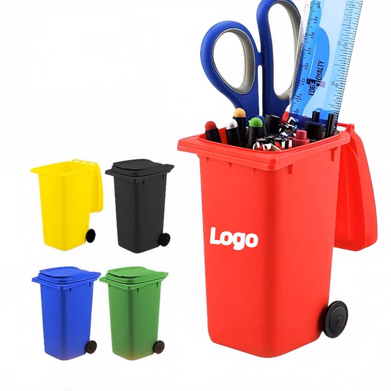 Mini Plastic Trash Can Pen Holder With Lid