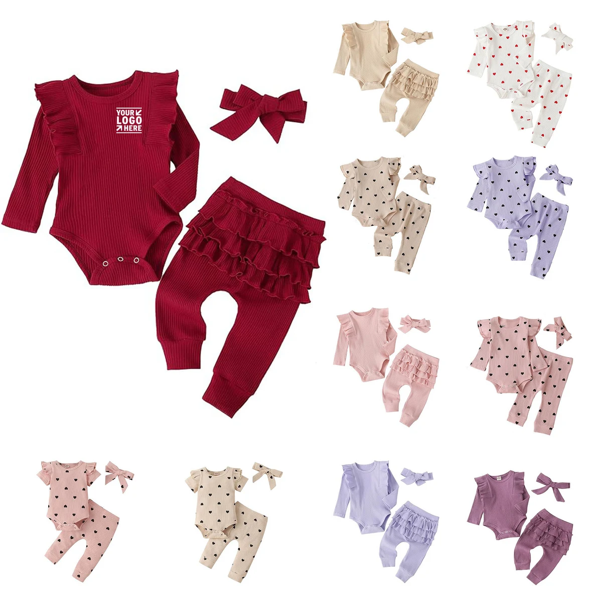 3Pc Soft Cozy Baby Girl's Rib Frill Long Sleeve Romper Pant Set 1