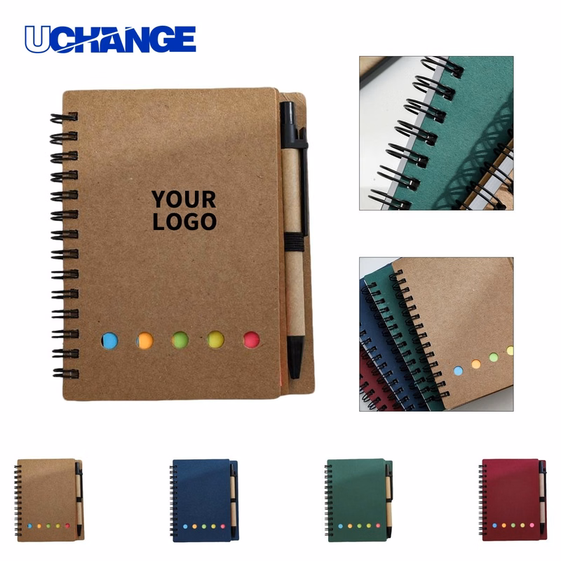 Kraft Spiral Notebook Set with Sticky Notes and Pen