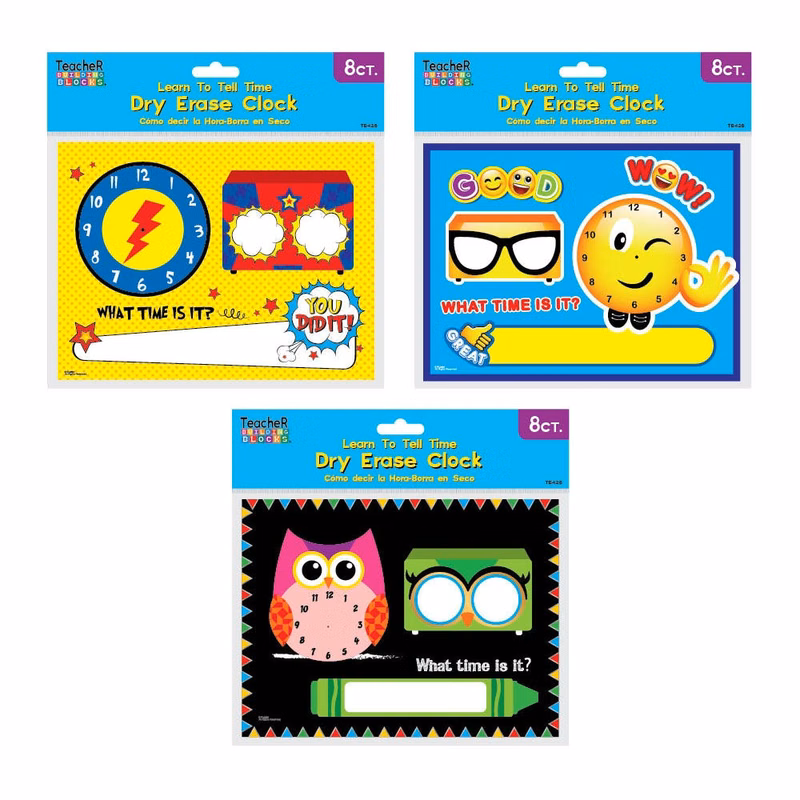 Dry-Erase Clocks - Assorted Styles 6" x 8" 8 Pack