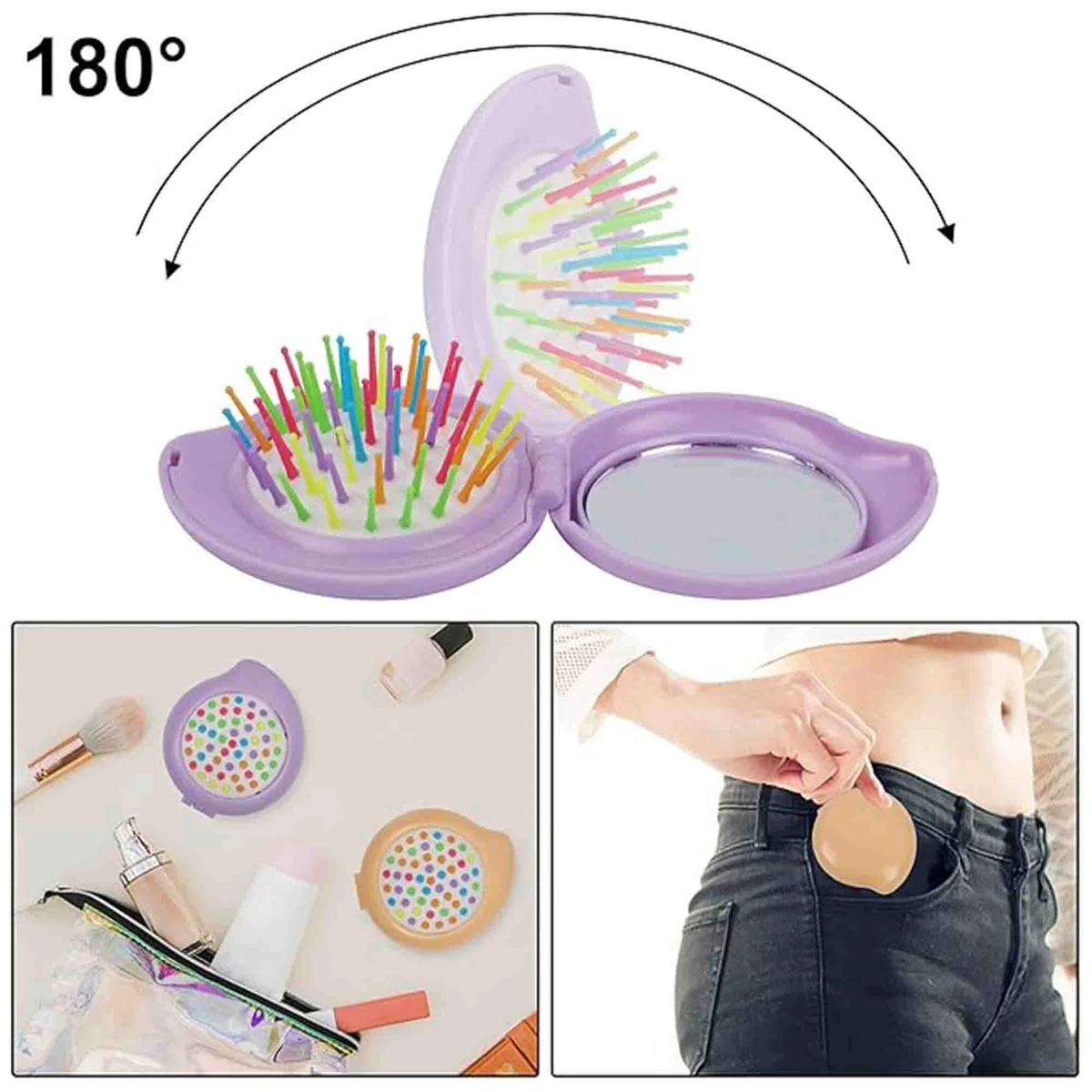 Folding Round Mini Airbag Rainbow Comb with Mirror 1