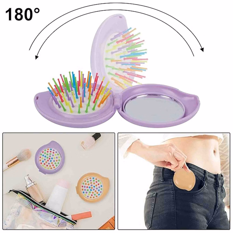 Folding Round Mini Airbag Rainbow Comb with Mirror