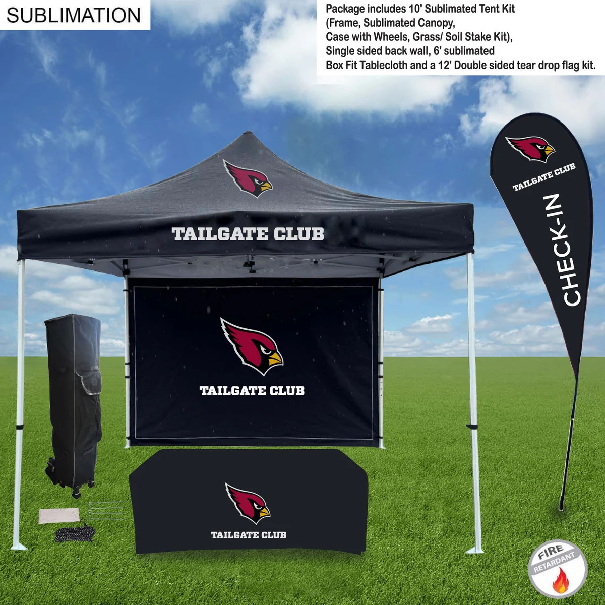 Game Day Tailgate Package, 10' Tent kit, Backwall, Box Fit Tablecloth, and Double sided Flag Kit 1