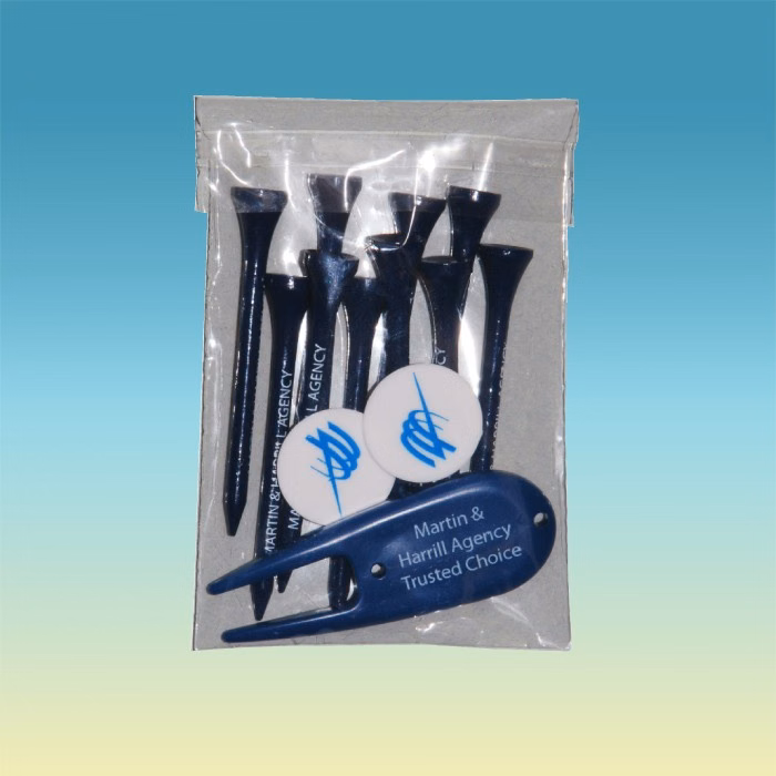 "Crystal Clear" Golf Tee Poly Bag Pack w/ Eight 2 3/4" Tees, 2 Markers & 1 Fixer