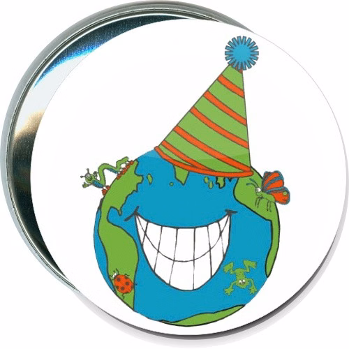 Earth Day Smiling Earth with party hat Button