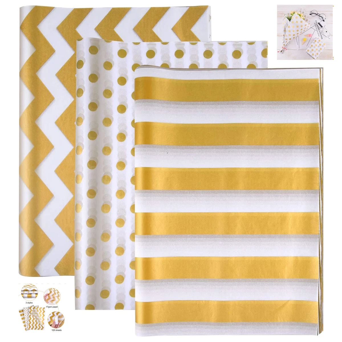 100 Pcs Gold White Tissue Paper 1