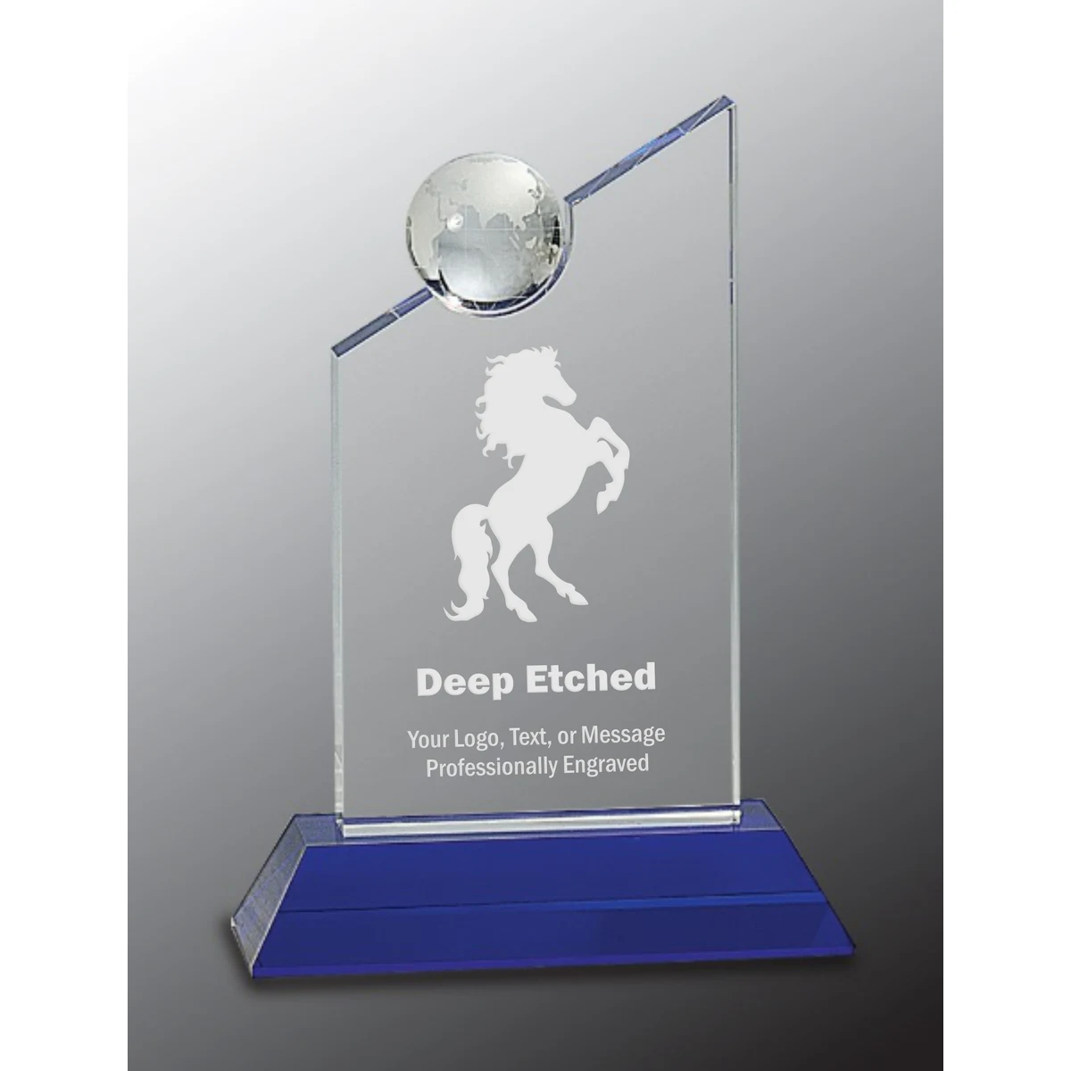 8 1/4" Clear Crystal with Inset Crystal Globe Award and Blue Base 1