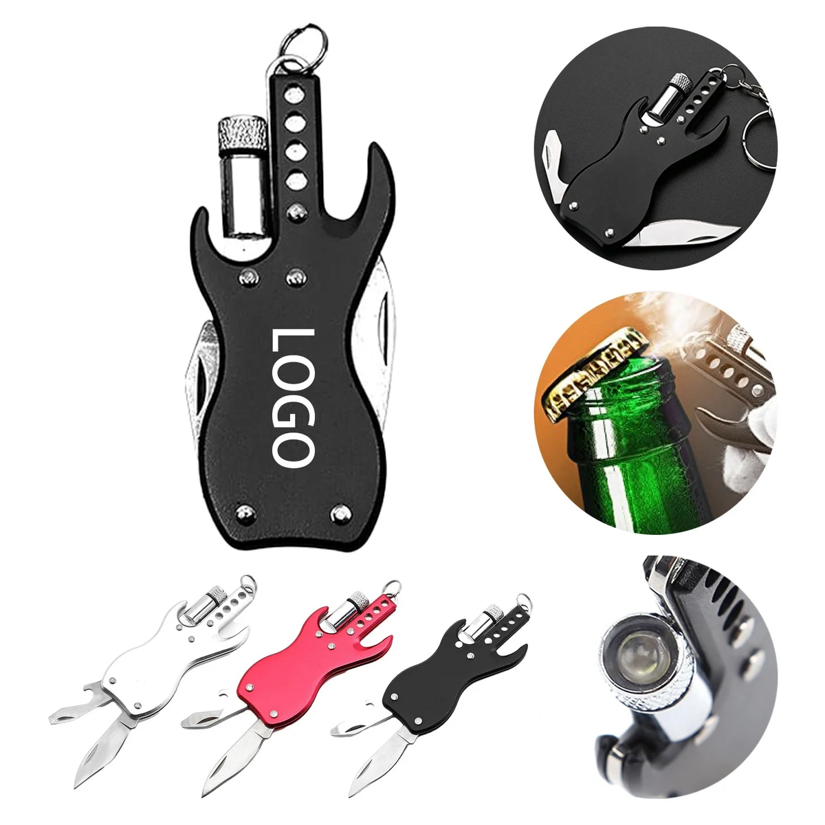 Multifunctional Guitar Shape Key Opener Folding Knife With LED 1