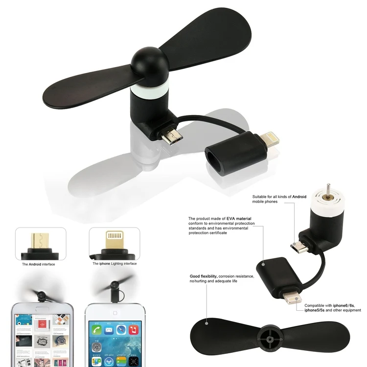 SM00042 - Black 2 in 1 Portable Micro USB iPhone Port Electric Fan Cooling For Apple and Android Pho 1