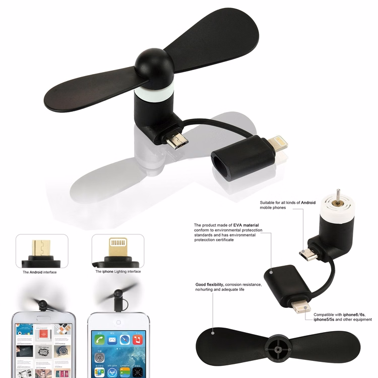 SM00042 - Black 2 in 1 Portable Micro USB iPhone Port Electric Fan Cooling For Apple and Android Pho
