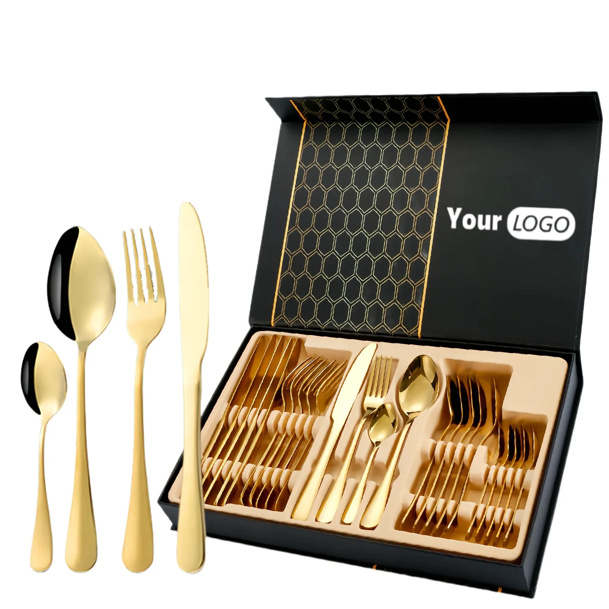Premium Mirror Polish Cutlery 24Pc Black Gold Box 1