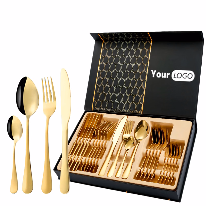 Premium Mirror Polish Cutlery 24Pc Black Gold Box