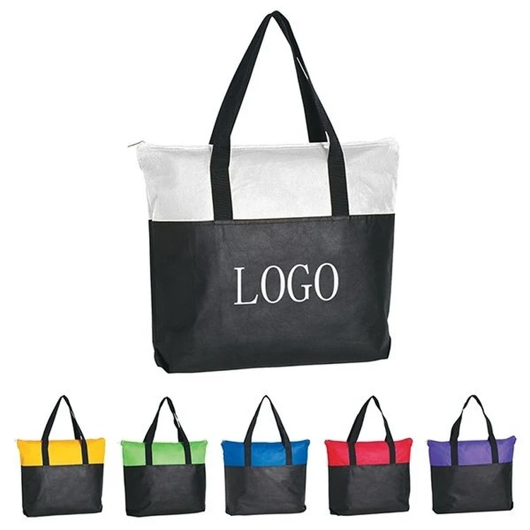 Black Non-Woven Zippered Tote Bag w/ Contrast Top Band 1