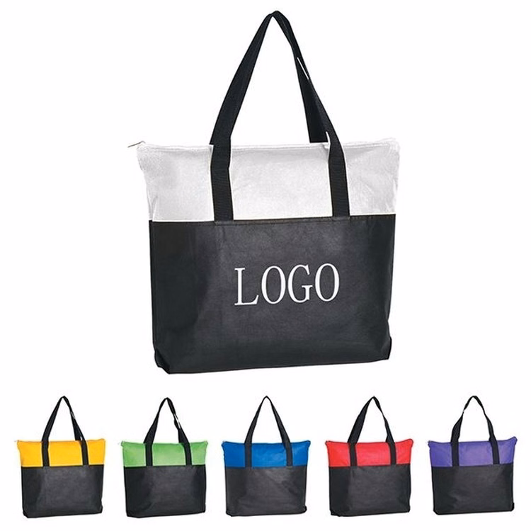 Black Non-Woven Zippered Tote Bag w/ Contrast Top Band
