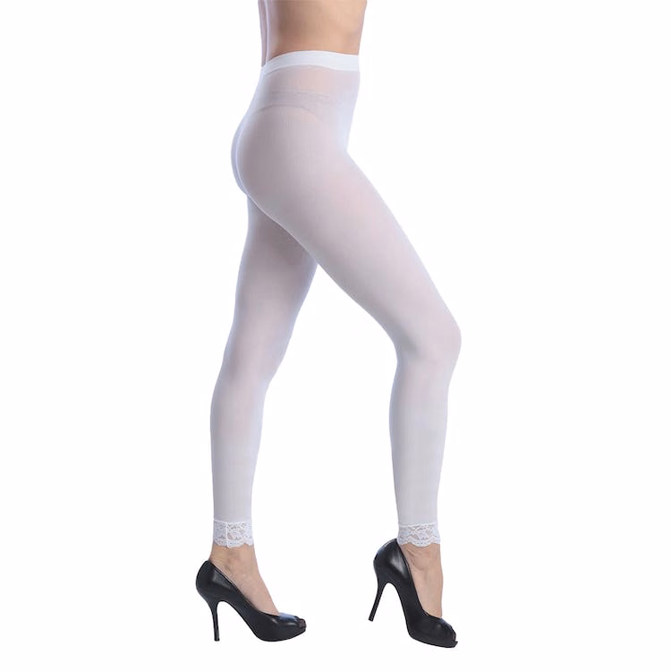 Women's Opaque Control Top Footless Lace Tights - White Queen Size