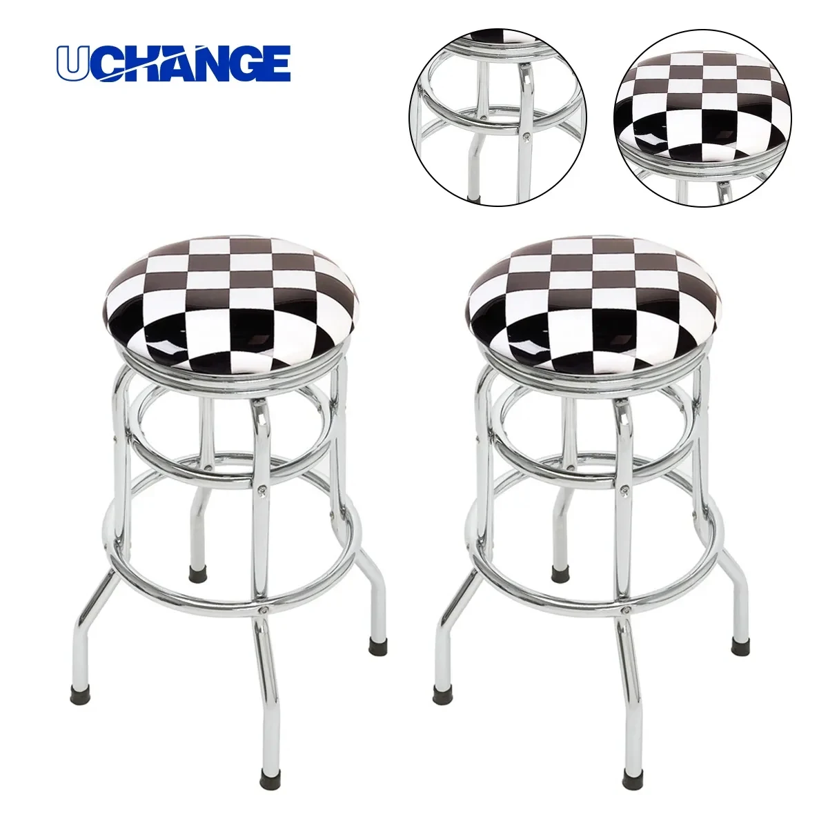 Checkerboard Padded Swivel Bar Stool Single Ring Chrome Base 1