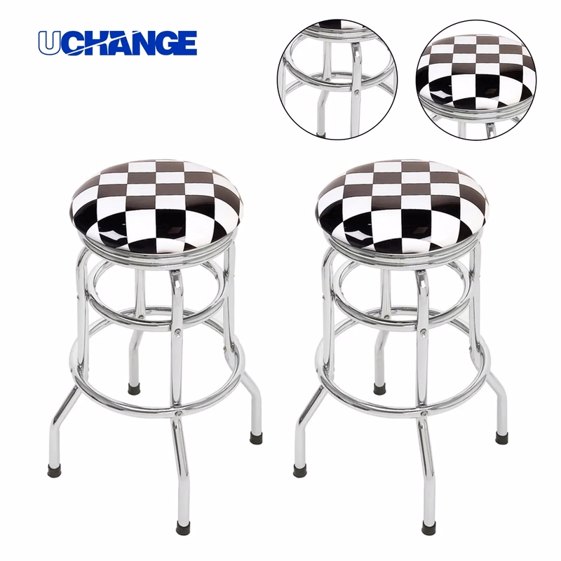 Checkerboard Padded Swivel Bar Stool Single Ring Chrome Base