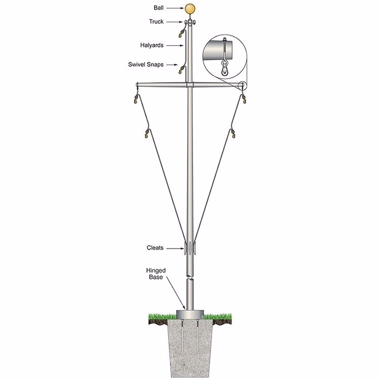 40' Nautical Flagpole w/Yardarm Hinged Base White Fiberglass