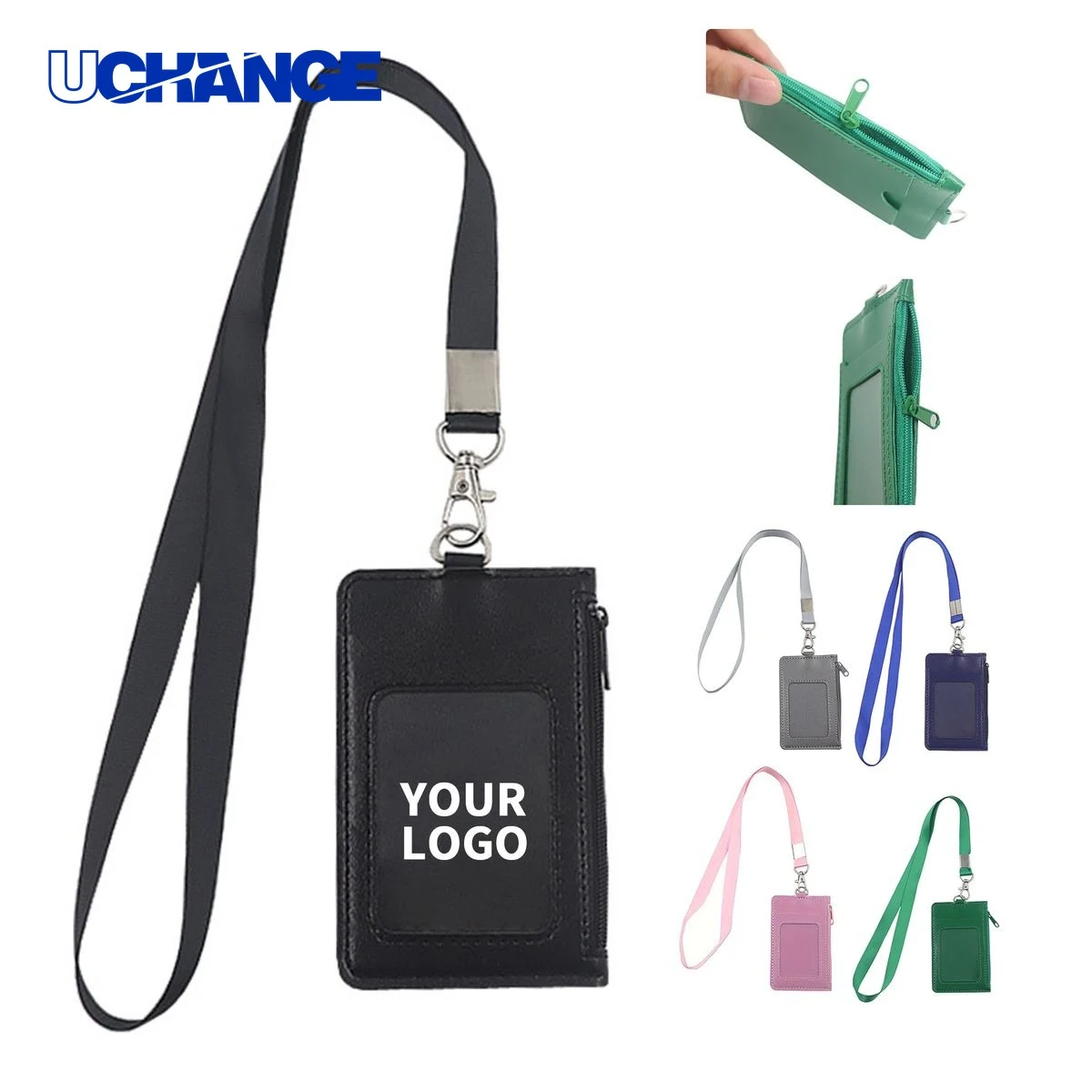 PU Leather Zipper Card Holder Case with Lanyard 1