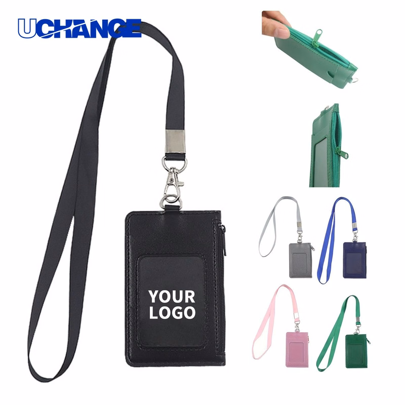 PU Leather Zipper Card Holder Case with Lanyard