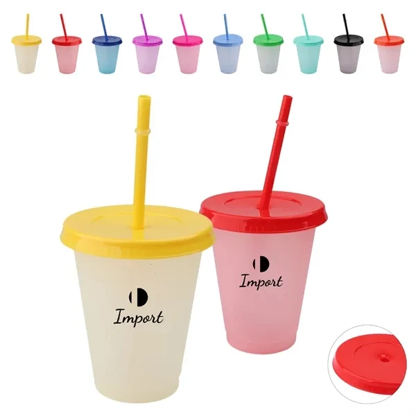 Custom 16 oz Plastic Color Changing Cup With Lid & Straw — Stadium Party Drinkware 1