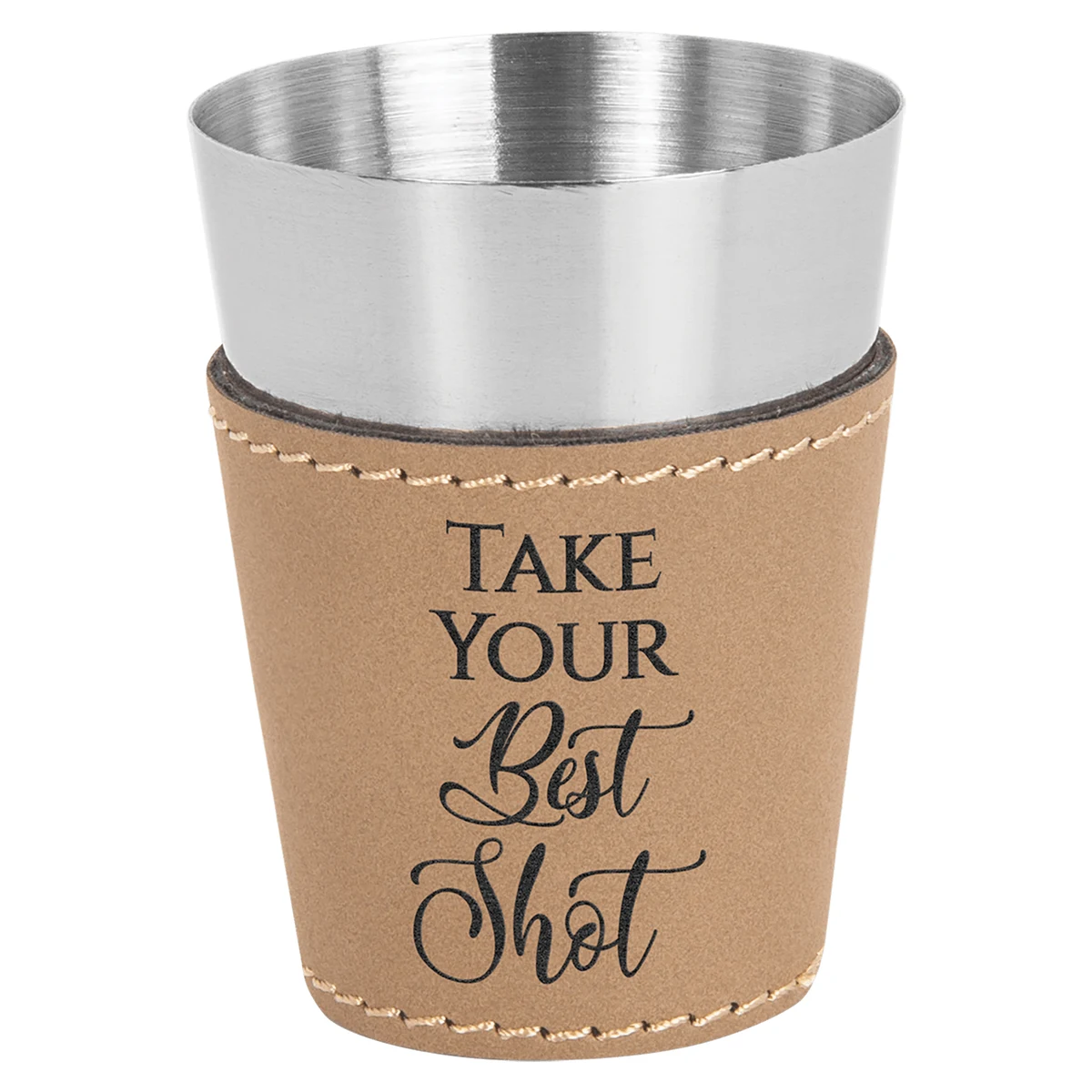 2oz. Light Brown Leatherette & Stainless Steel Shot Glass 1