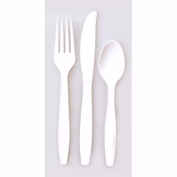 White Plastic Fork, Spoon, & Knife Set