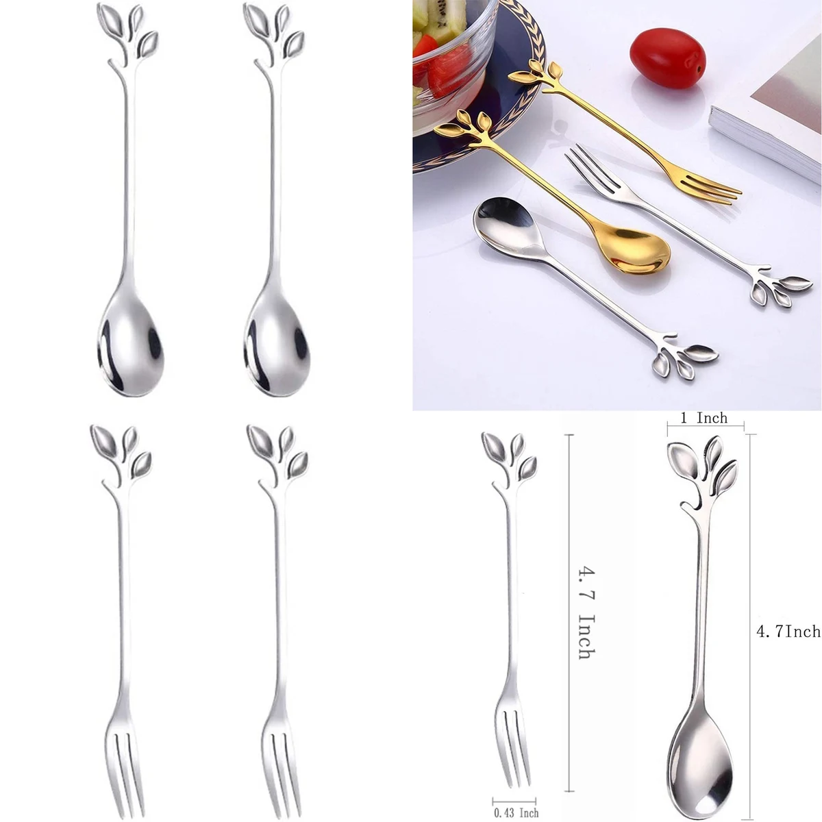 Stainless Steel Silver Leaf Coffee Spoon Appetizer Fork 1