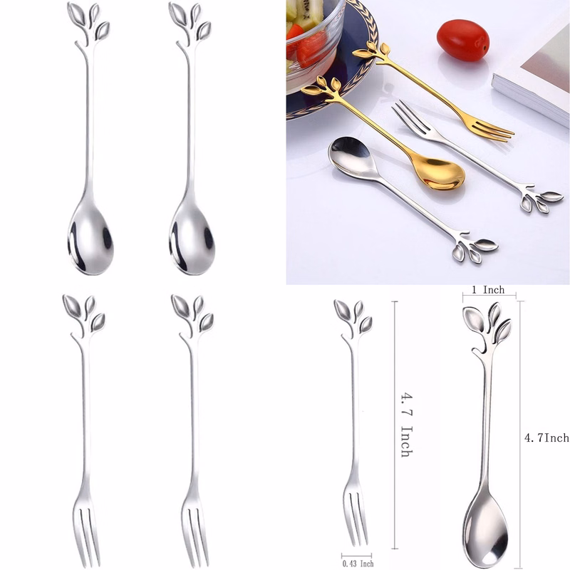 Stainless Steel Silver Leaf Coffee Spoon Appetizer Fork