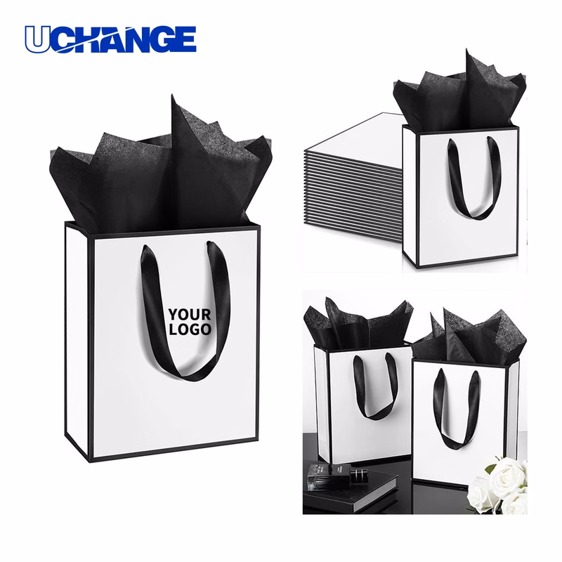 Paper Tote Bag Carrier with Ribbon Handles 8.25 x 4.25 x 10.5 Inches