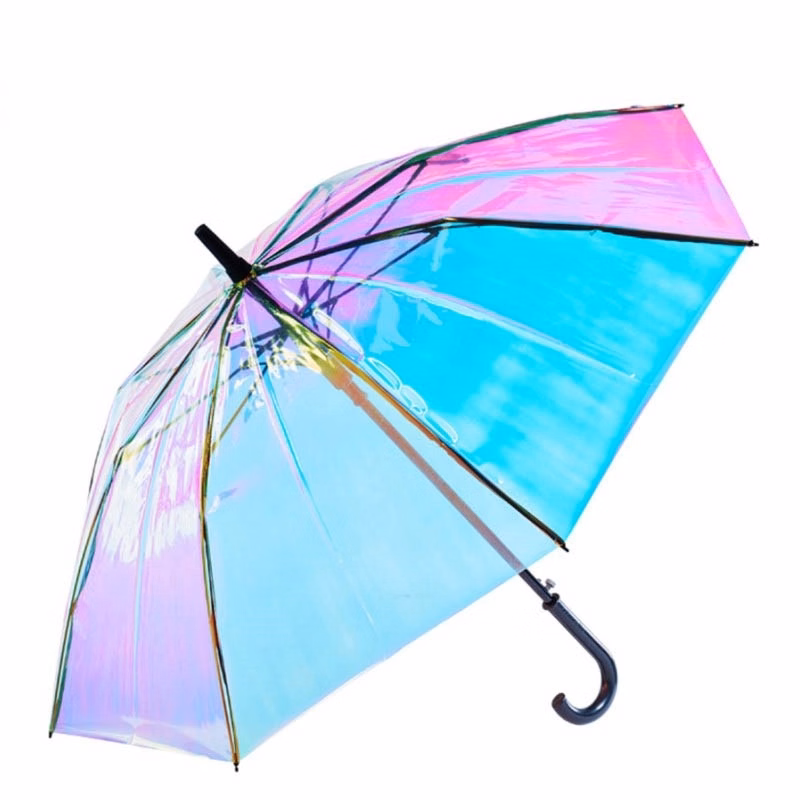 Holographic Iridescent Laser Umbrella with Hook Handle