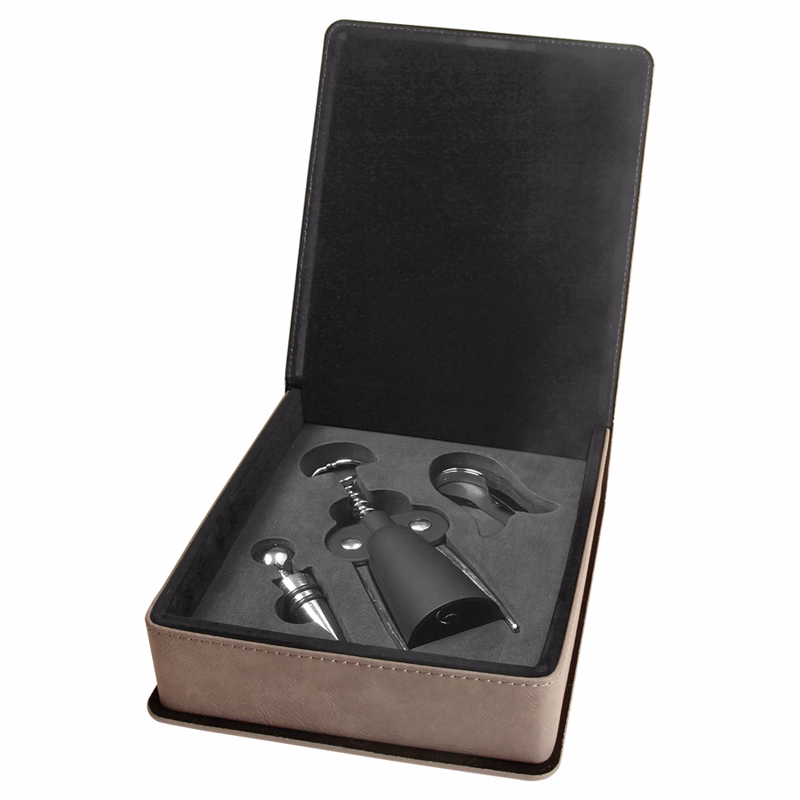 Gray Leatherette 3-Piece Wine Tool Gift Set