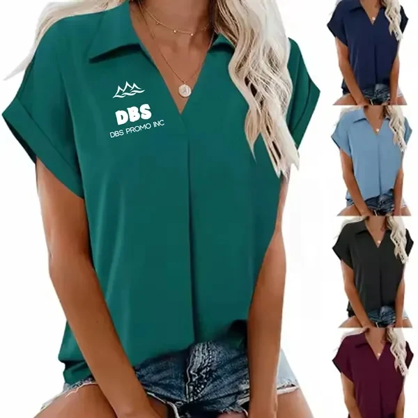 Ruffled Short Sleeve V Neck Button Down Shirt 1