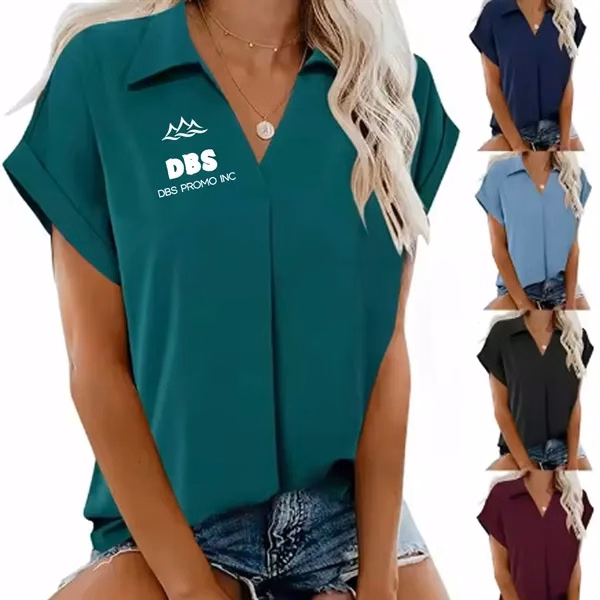 Ruffled Short Sleeve V Neck Button Down Shirt