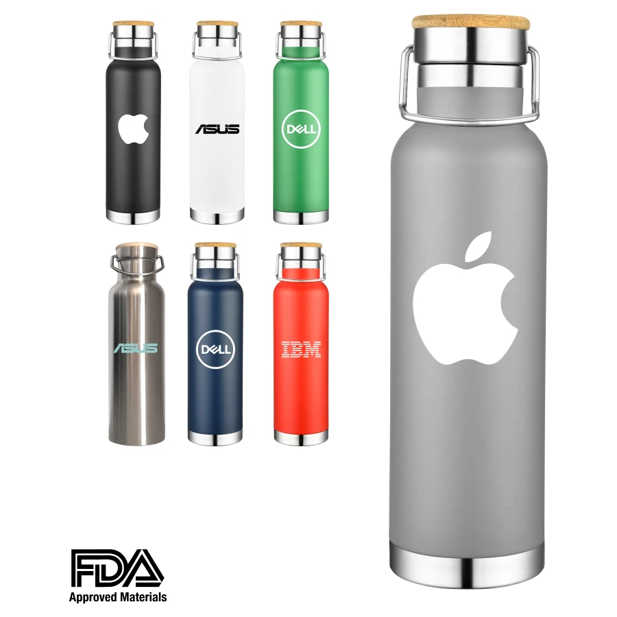 22oz Double Wall Stainless Steel Vacuum Insulated w/ Bamboo, custom water bottle with logo imprint 1