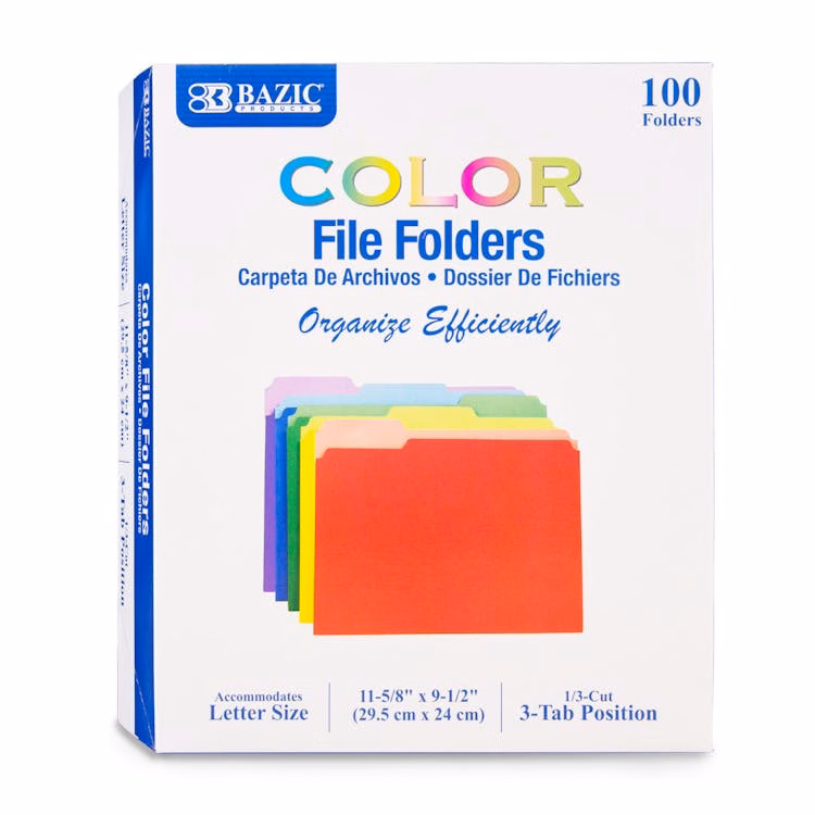Letter Size File Folders - Assorted Colors 1/3 Cut