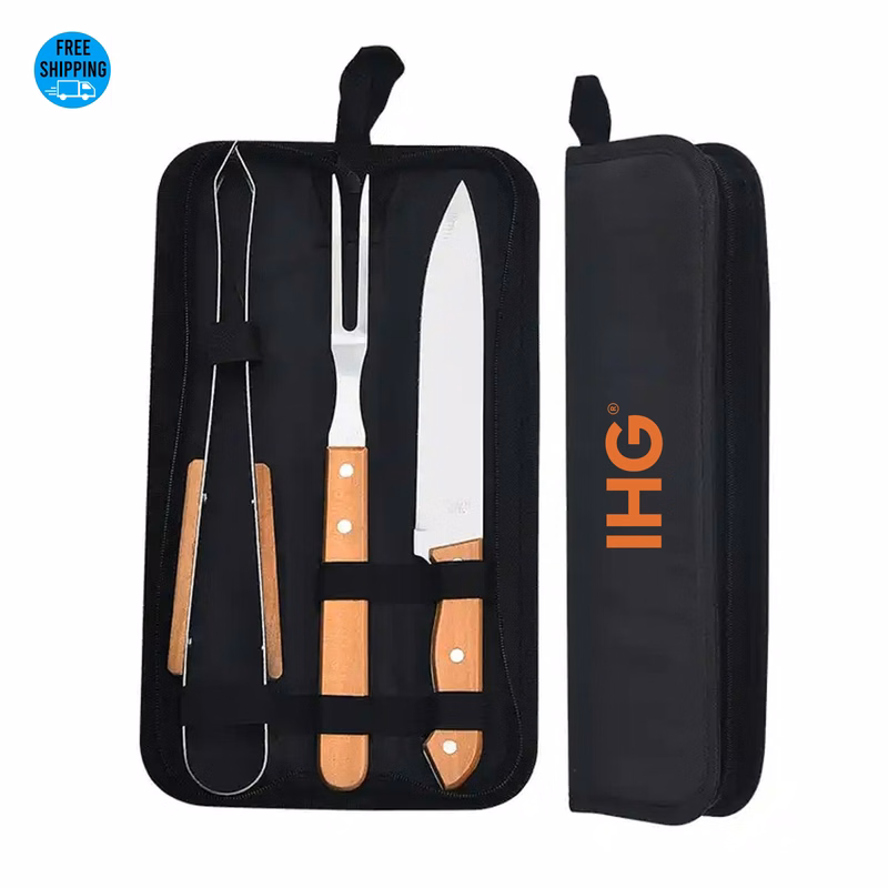 3-Piece BBQ Grill Tool Set with Wood Handle - OCEAN