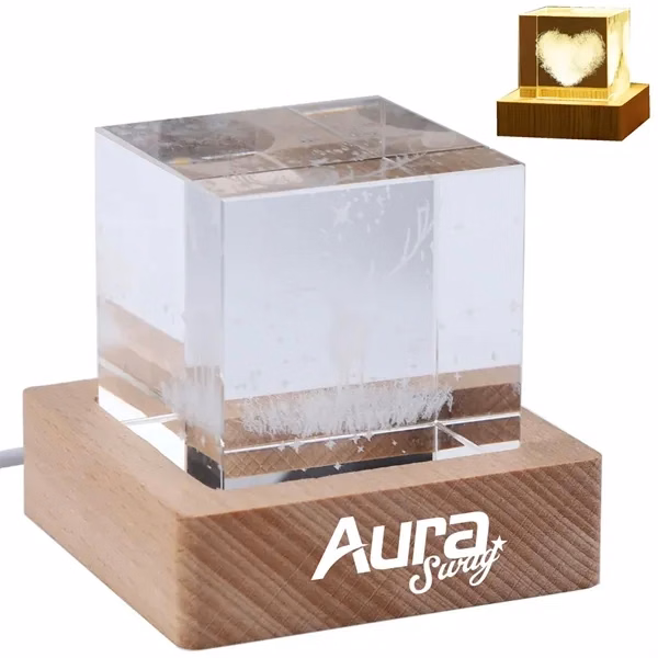Custom 3D Crystal Cube LED Light with Wooden Base — Premium Office Awards