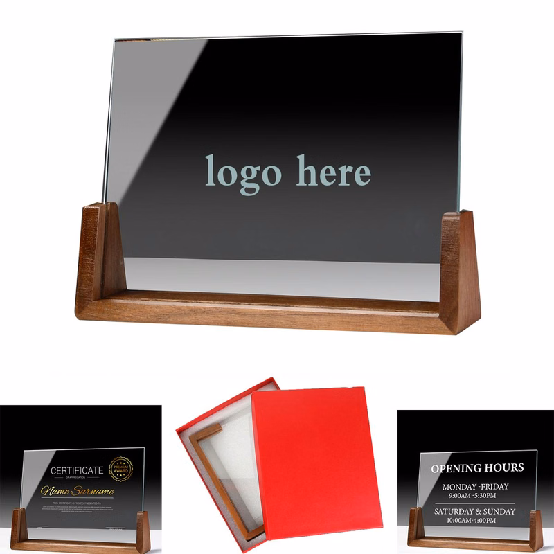 Personalized Crystal Mirror Award Plaque on Wooden Stand

