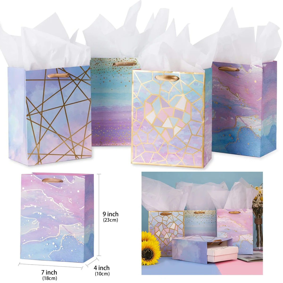 7 X 4 X 9 Inches Colorful Marble Pattern Gift Bag with Tissue Paper 1