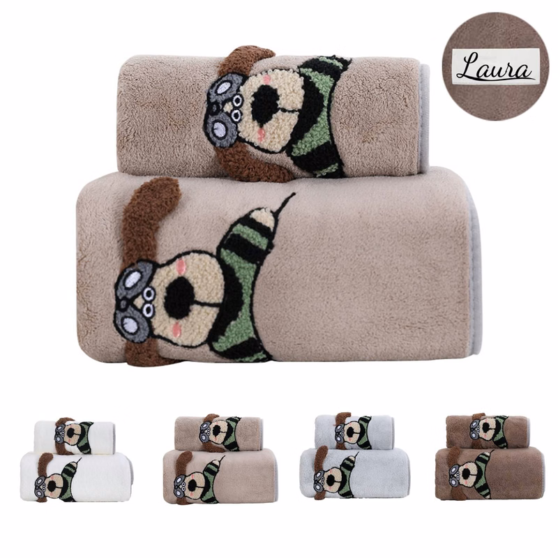 Dog Design Soft Absorbent Coral Fleece Towel Set