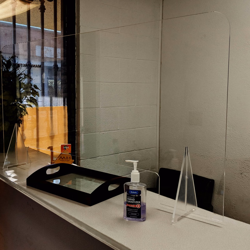 Clear Acrylic Desktop Sneeze Guard w Rectangula Pass-Through Window and 2 Acrylic Interlock Stands,